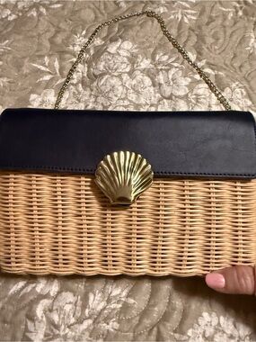 Talbots Navy Leather Wicker Shell Clutch Gold Chain Crossbody Bag